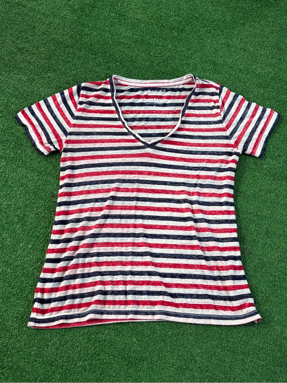 Lucky Brand Striped V-Neck Tee in Red, Navy & White